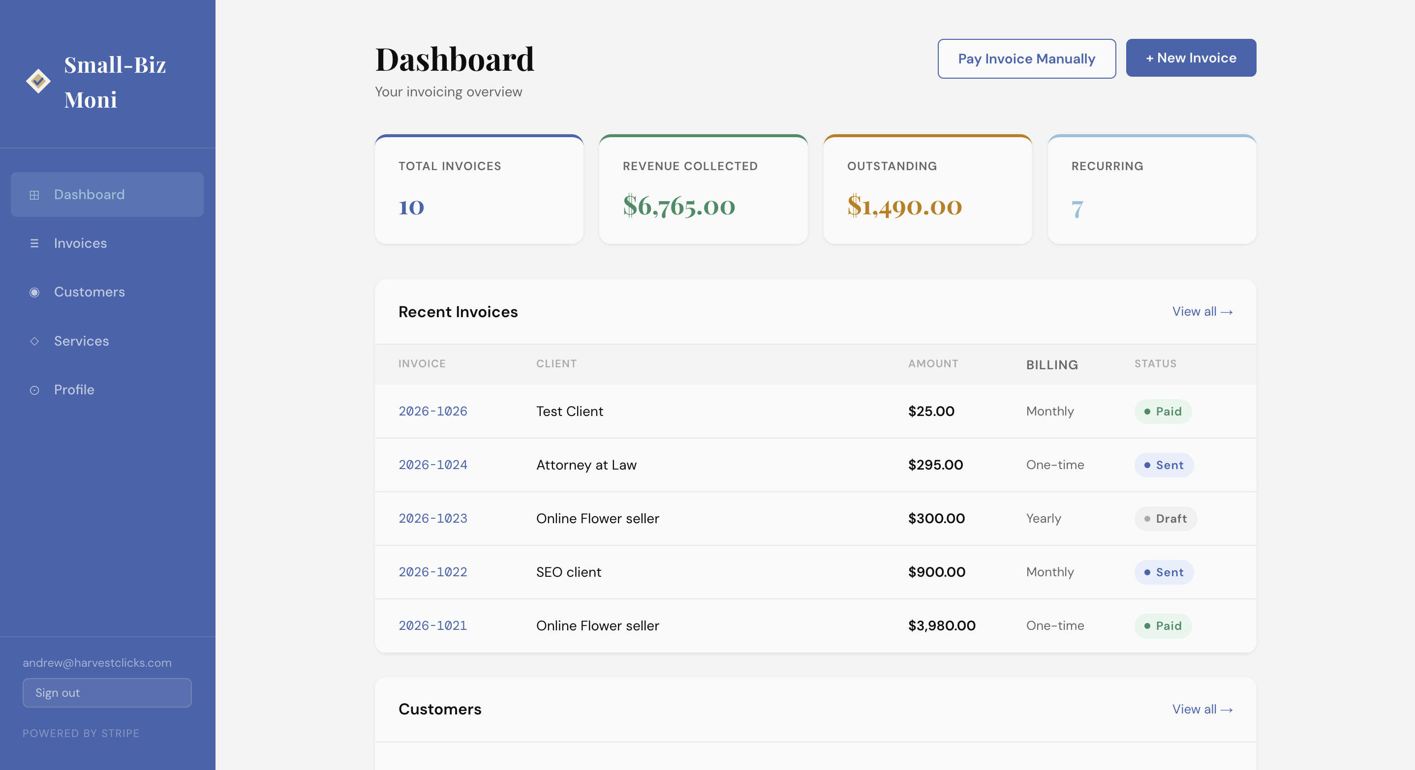 Small-Biz Moni invoicing app dashboard screenshot