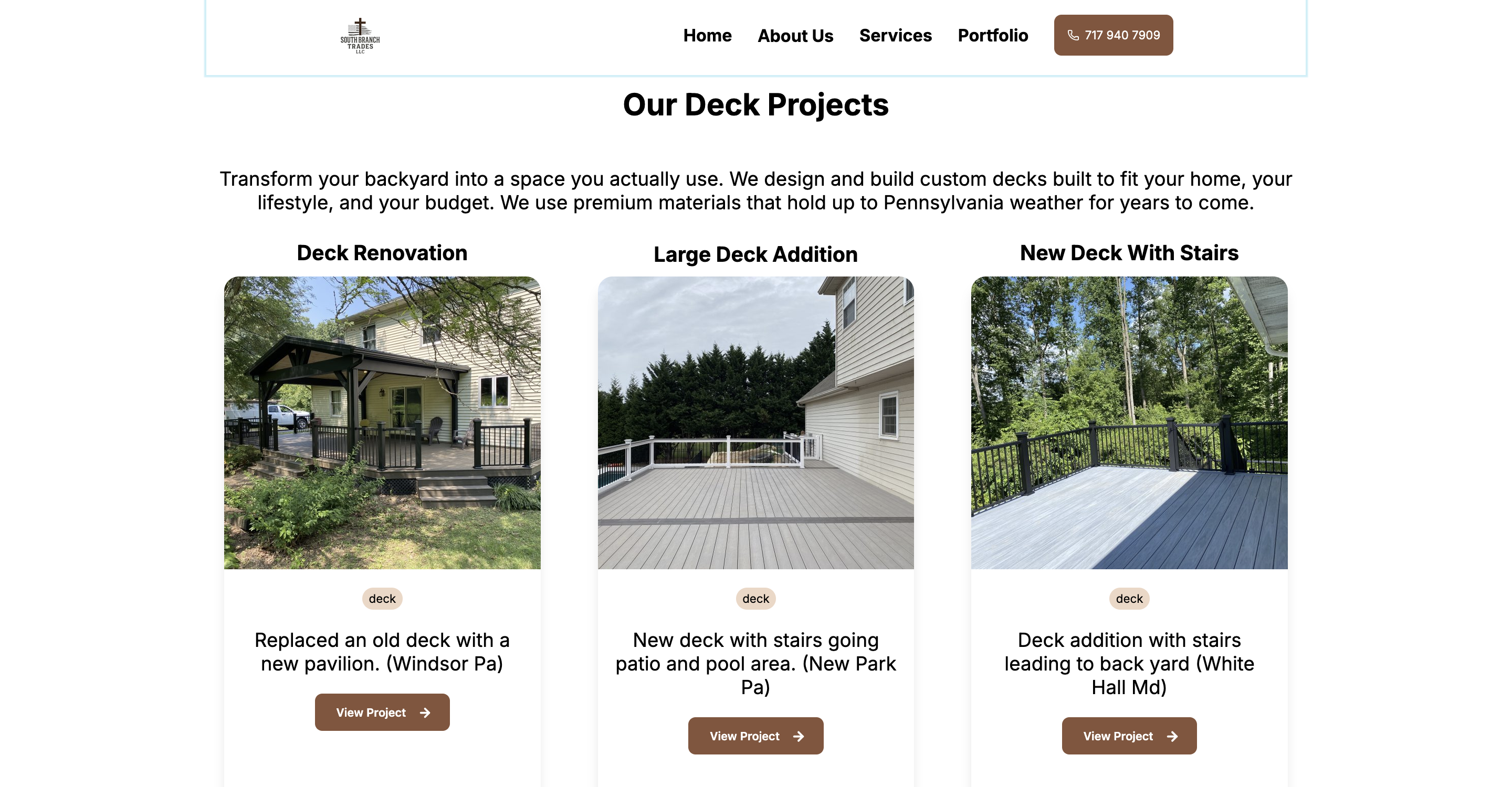 Screenshot of South Branch Trades' deck projects portfolio page