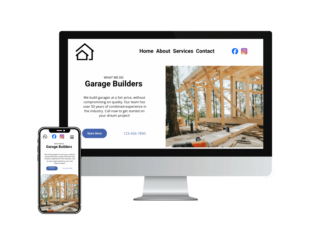 Custom "Garage Builders" contractor website shown on a desktop monitor and phone