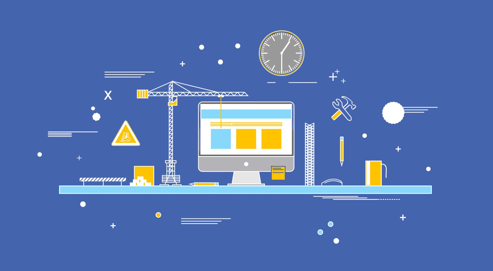 Illustration of a website under construction, with a crane and tools around a computer monitor
